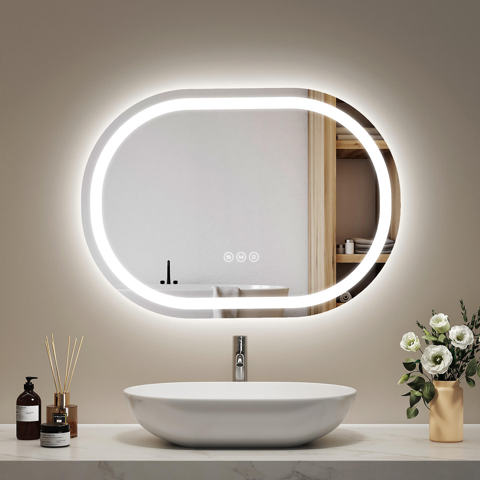 BADSPIEGEL Ovale mit Beleuchtung mit Anti-Beschlag 70/50 cm - Weiß, Glas (50/2.5/70cm) - EMKE