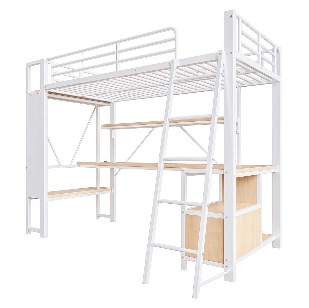 HOCHBETT 90/200 cm in Weiß mit Schreibtisch, LED-Beleuchtung und Stauraum - Weiß, Metall (90/200cm) - Flora Grace