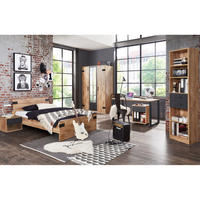 JUGENDZIMMER Liverpool in Plankeneiche und Graphit 6 teilig mit 90er Bett und Drehtürenschrank - Braun, Holzwerkstoff (120/200/80cm)