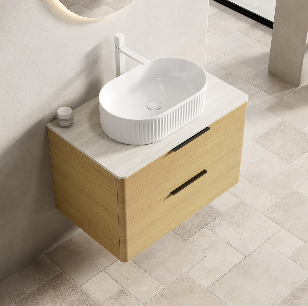 WASCHTISCHUNTERSCHRANK 75x46x62.2cm Beige/Eiche/Weiß mit ovalem Keramikbecken & Travertin-Arbeitsplatte - Eichefarben, Keramik (75/62.2/46cm) - Modfu