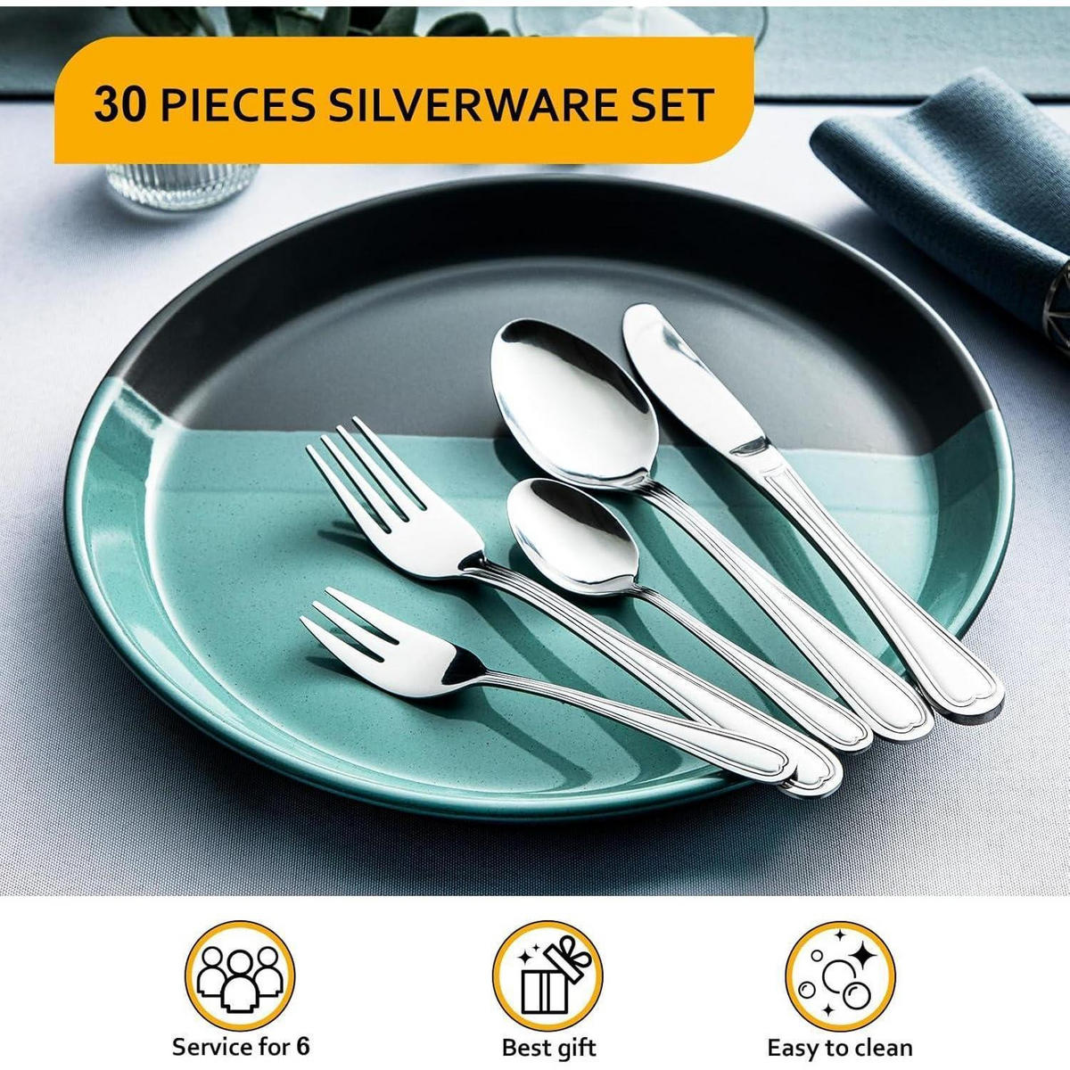 BESTECKSET 30-teilig für 6 Personen Edelstahl Spiegelpoliert - Silberfarben, Metall