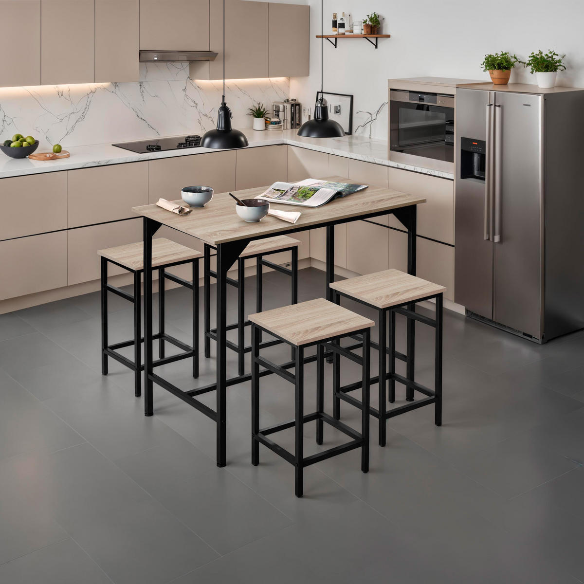BARTISCH-SET Edinburgh,mit höhenverstellbaren Kunststofffüßen,Industrial Holz hell, Eiche Sonoma - Naturfarben, Holz (124/88.5/100cm) - tectake