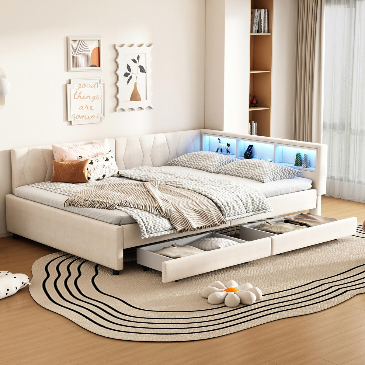 TAGEBETT 140x200cm Beige Leinen USB-C LED-Licht 2 Schubladen - Beige, Holz (140/200cm) - FLIEKS