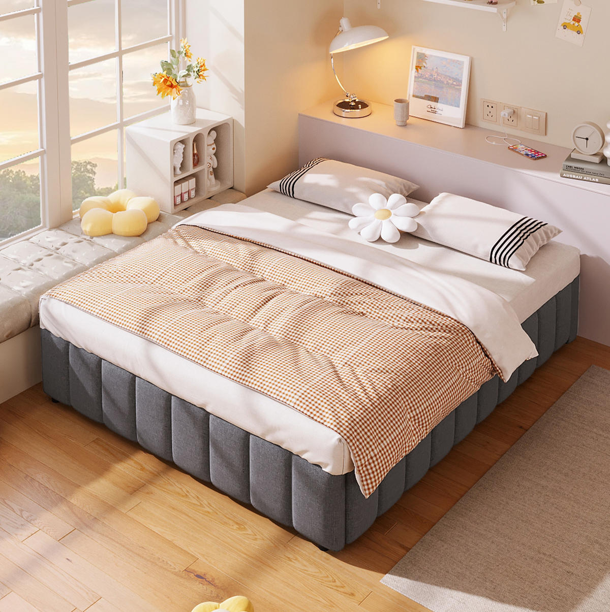 POLSTERBETT 140/200 cm mit Bettkasten in Grau – ohne Kopfteil, puristisches Design - Grau, Textil (140/200cm) - BEAOK