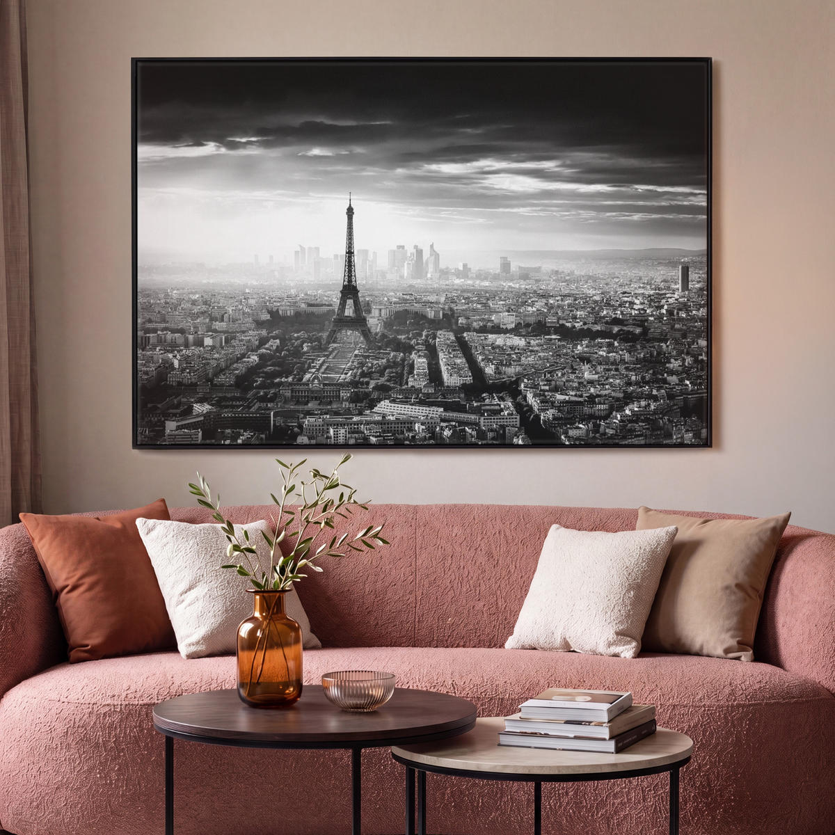 LEINWAND Bilder mit Rahmen - Paris - Skyline - Eiffelturm - Stadt - Wolken - 120x80 - Dunkelgrau, Textil (120/80cm) - MuchoWow