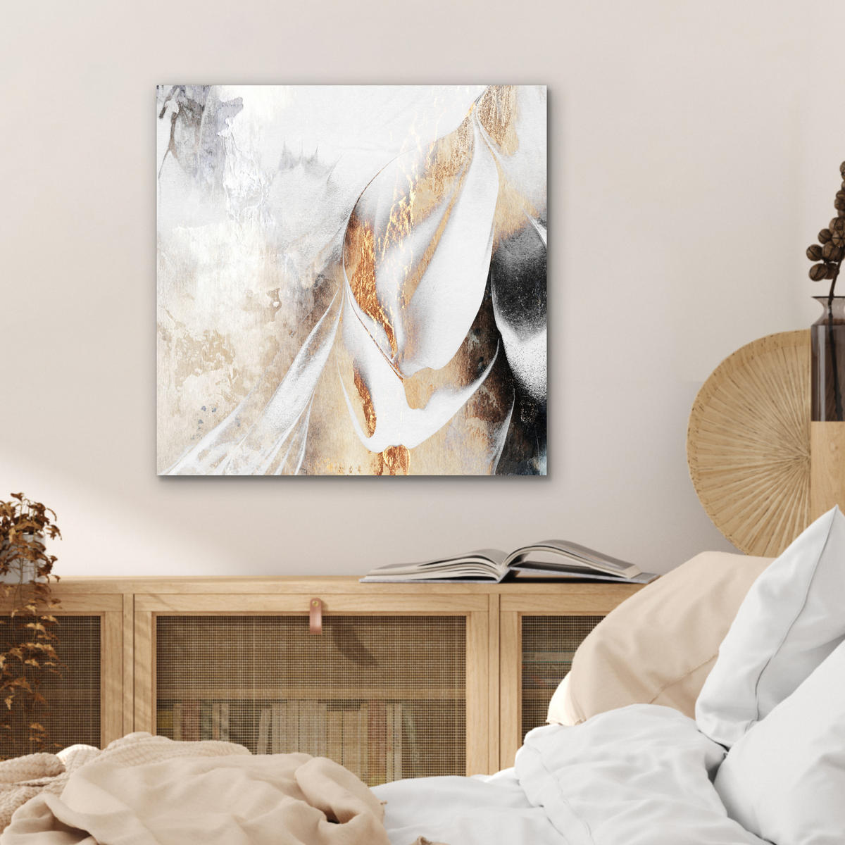 KOVOVÝ OBRAZ Luxusné - abstraktné - zlaté - biele 50x50 cm - zlatá, kov (50/50cm) - MuchoWow