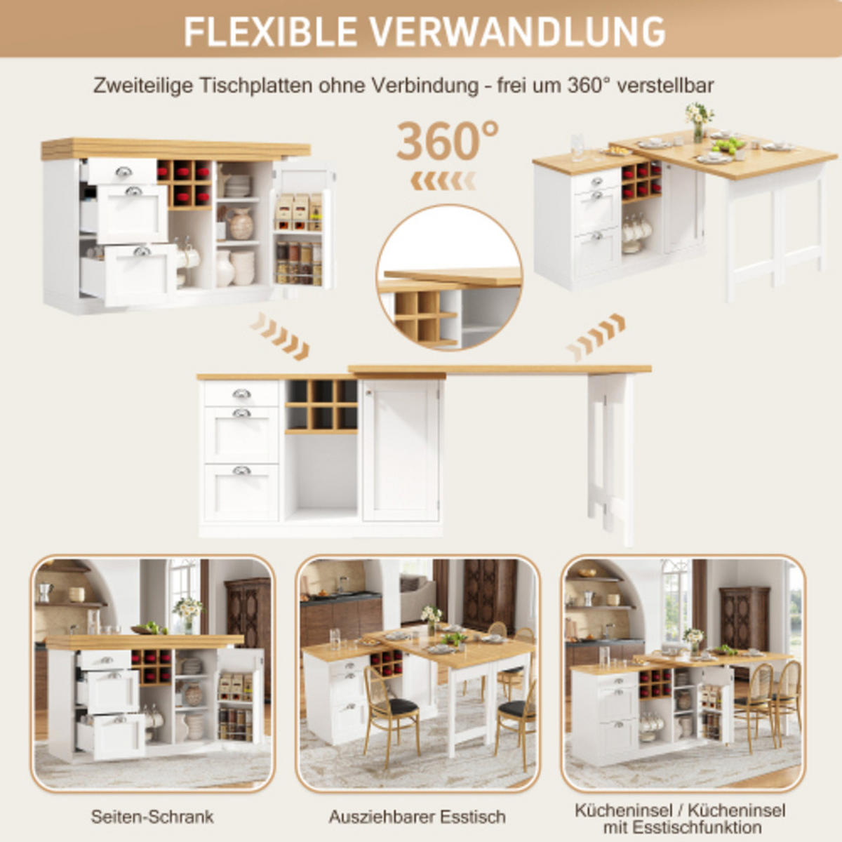 KÜCHENINSEL 120-197×40×74 cm aus MDF mit 360° drehbaren Tischpaneelen, Weinregal und vielfältigem Stauraum, weiß - Weiß, Holzwerkstoff (197/74/40cm) - Luhomfu