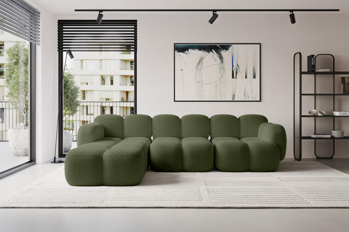 ECKSOFA modulares Sofa Links Miko-L2 302x205x75 Grün Bouclé - Smaragdgrün/Schwarz, Holzwerkstoff/Kunststoff (302/205cm) - ALTDECOR