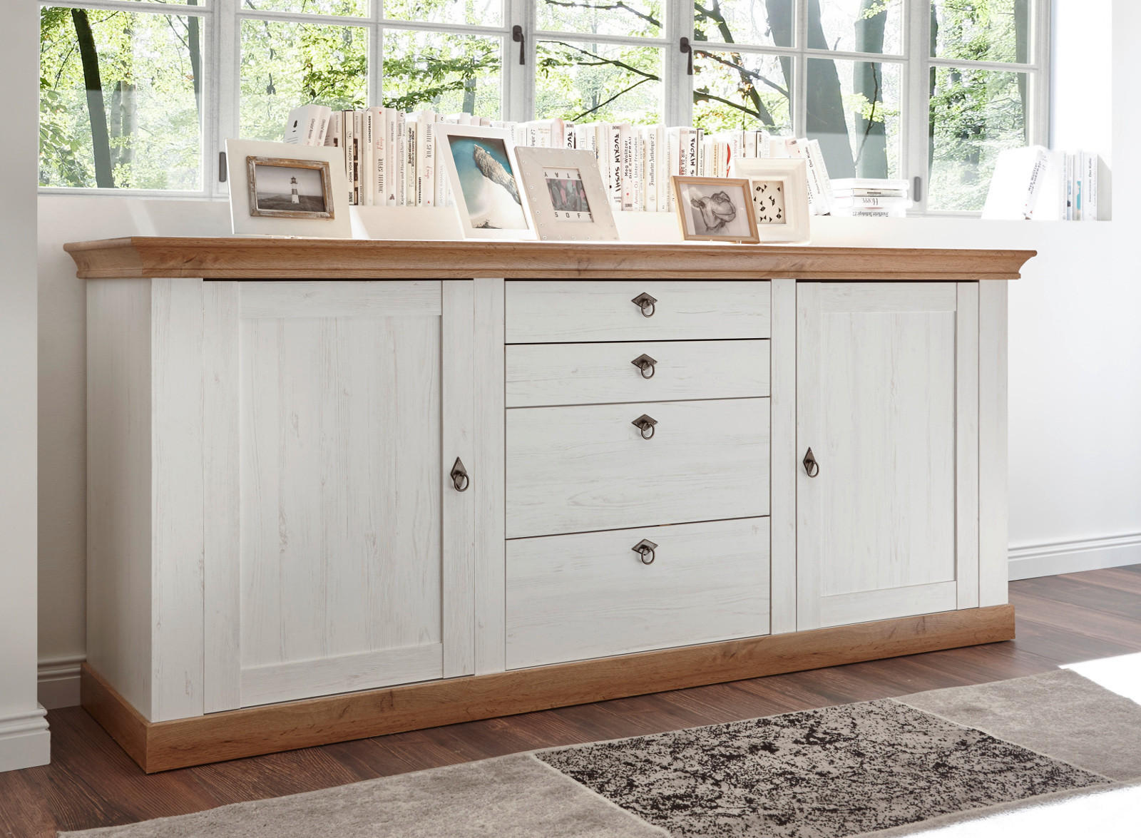 SIDEBOARD weiß Pinie, Eiche Wotan 210 cm, Anrichte im Landhaus-Stil - Eiche Wotan/Silberfarben, Holzwerkstoff/Metall (210/91/52cm) - Furn.Design