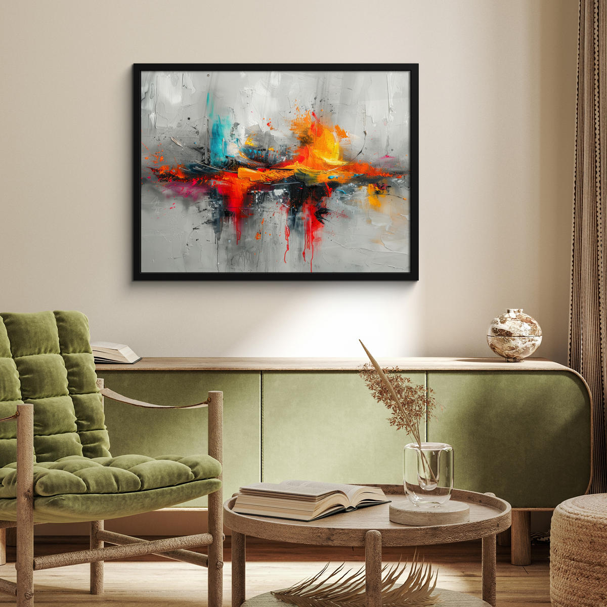 POSTER MIT RAHMEN Moderne Kunst - Orange - Grau - Abstrakt 80x60 cm - Hellgrau, Papier (80/60cm) - MuchoWow