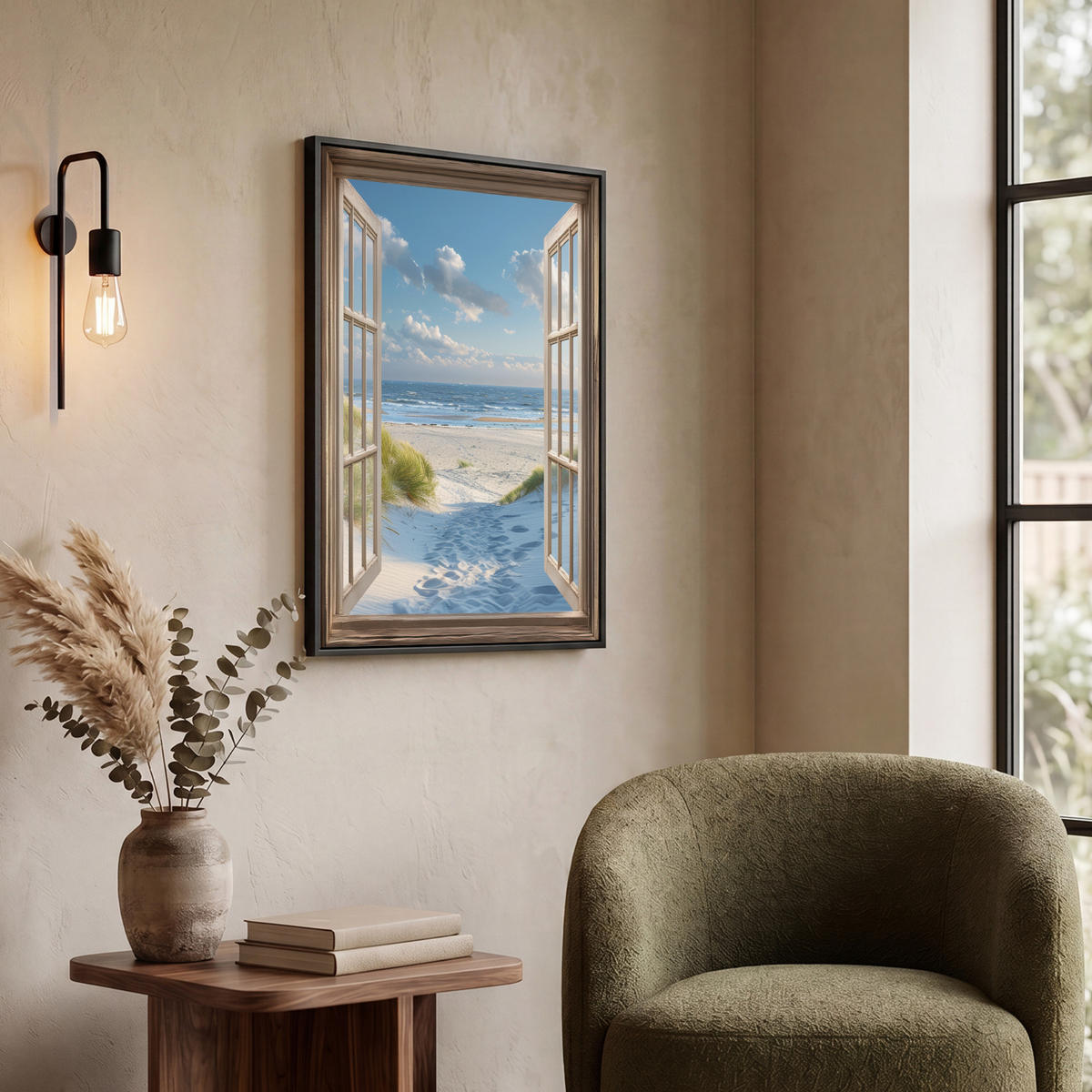 LEINWAND Bilder mit Rahmen - Aussicht - Strand - Fenster - Dünen - Meer - 60x80 - Hellblau, Textil (60/80cm) - MuchoWow