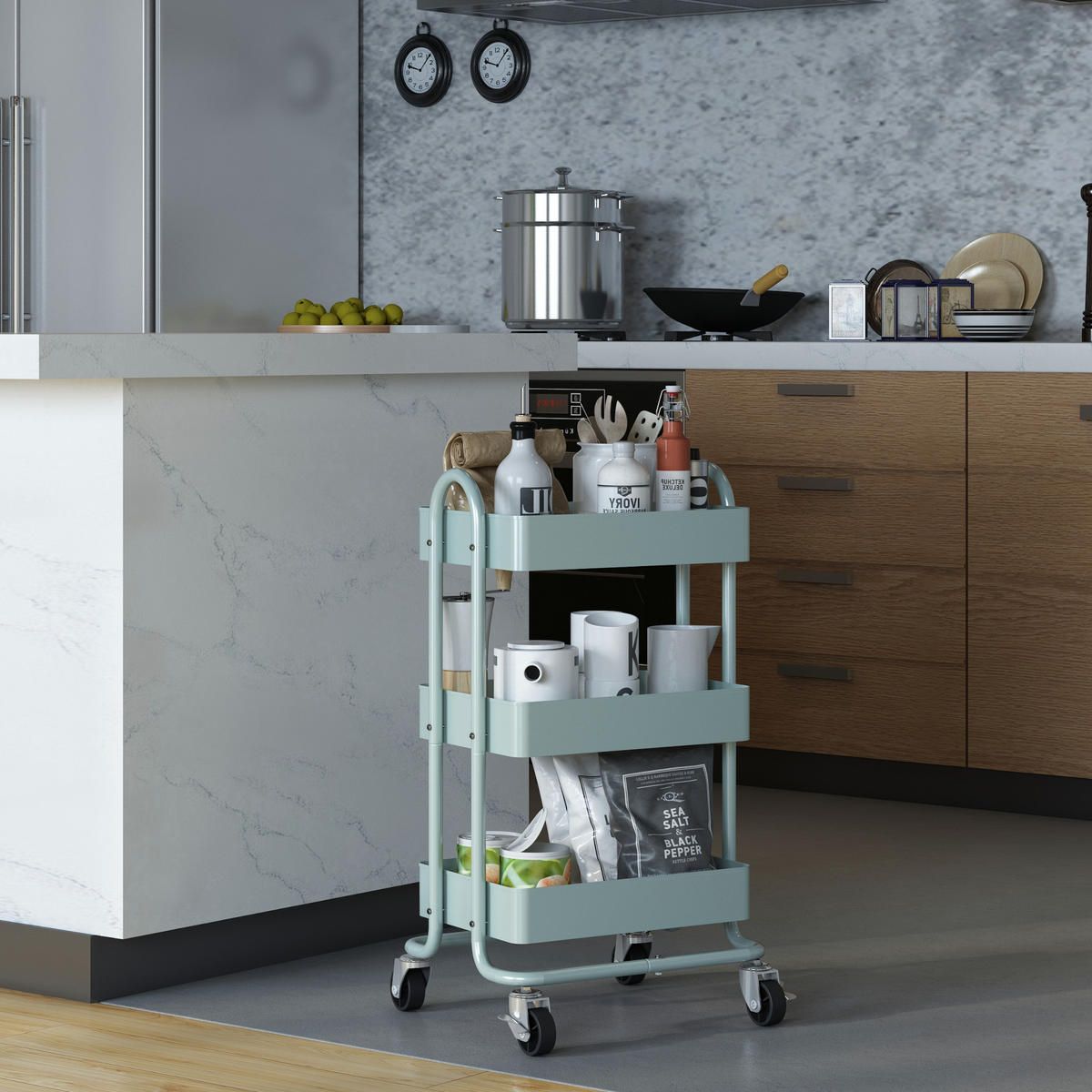 SERVIERWAGEN Pyhäntä - Mintgrün, Metall (46/78.5/35cm) - [en.casa]