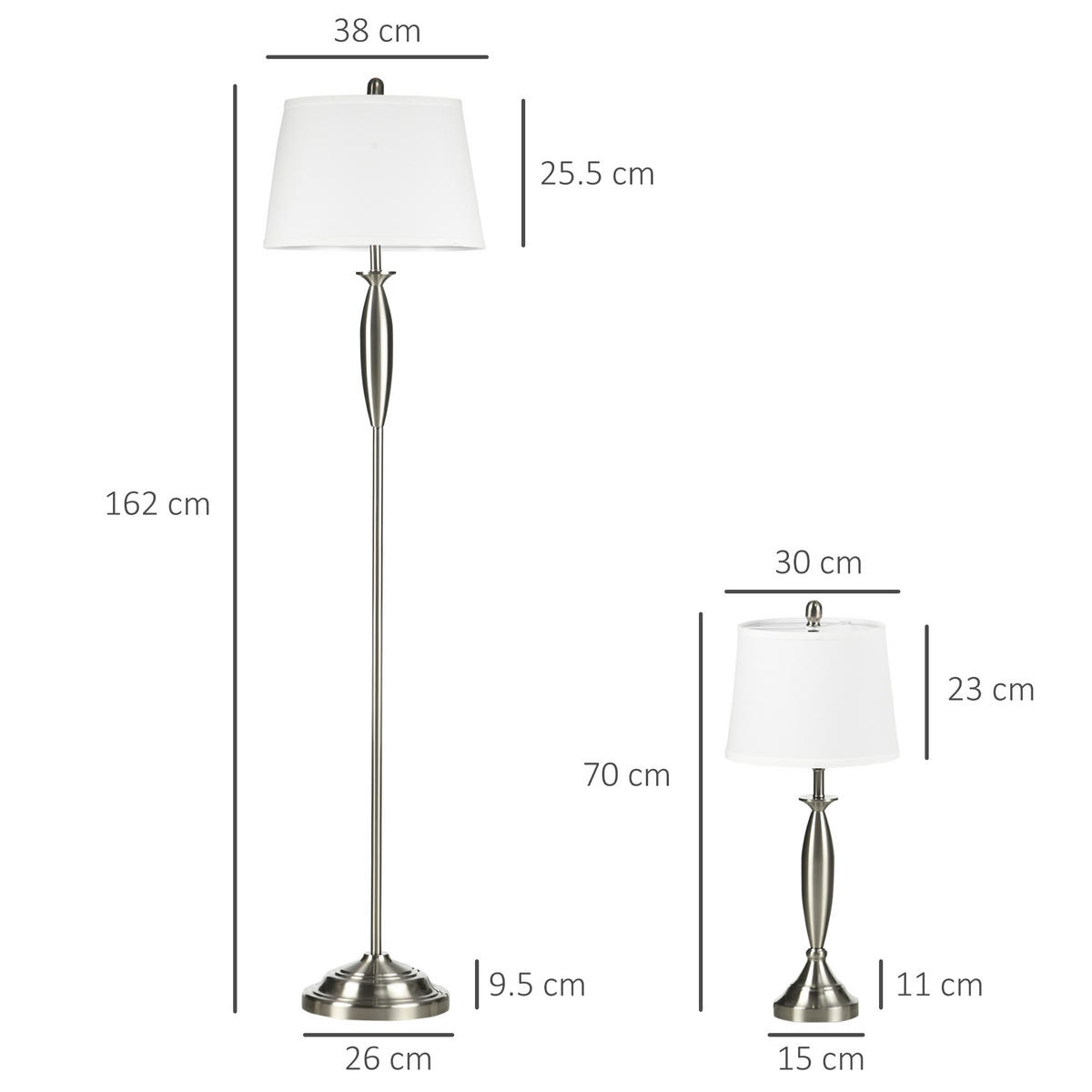 STEHLEUCHTE 3-tlg Lampenset Stehlampe 162cm Tischlampen 70cm Silber-Weiß für Wohnzimmer - Silberfarben, Metall (38/38/162cm) - Raelunyi