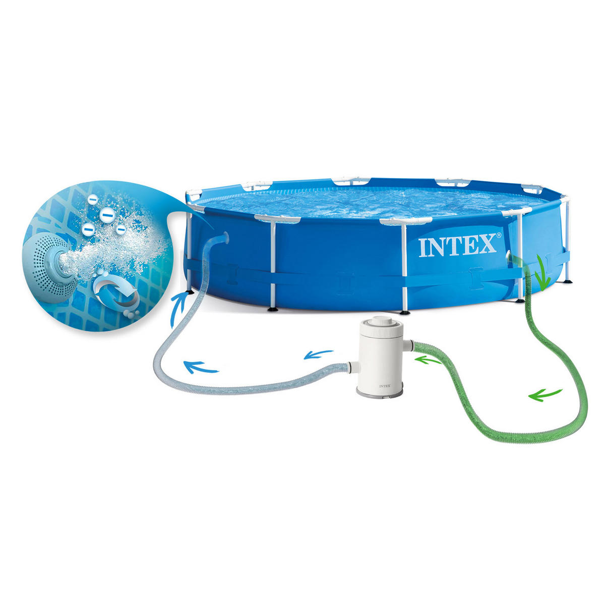 POOL SET 305 x 76 cm, 15in1 - 28202 + gratis Seifenblasenmaschine - Blau, Textil (305/76cm)