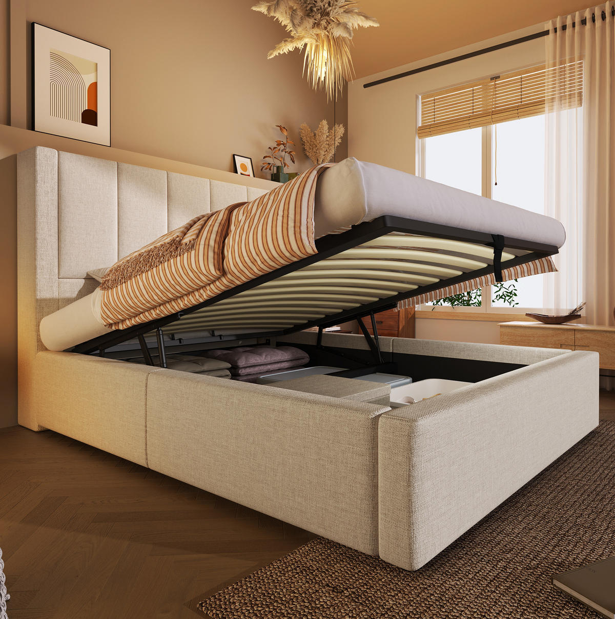 POLSTERBETT mit Stauraum 90x200 cm Leinen Beige inkl. Matratze - Beige, Metall (90/200cm) - Meubliv