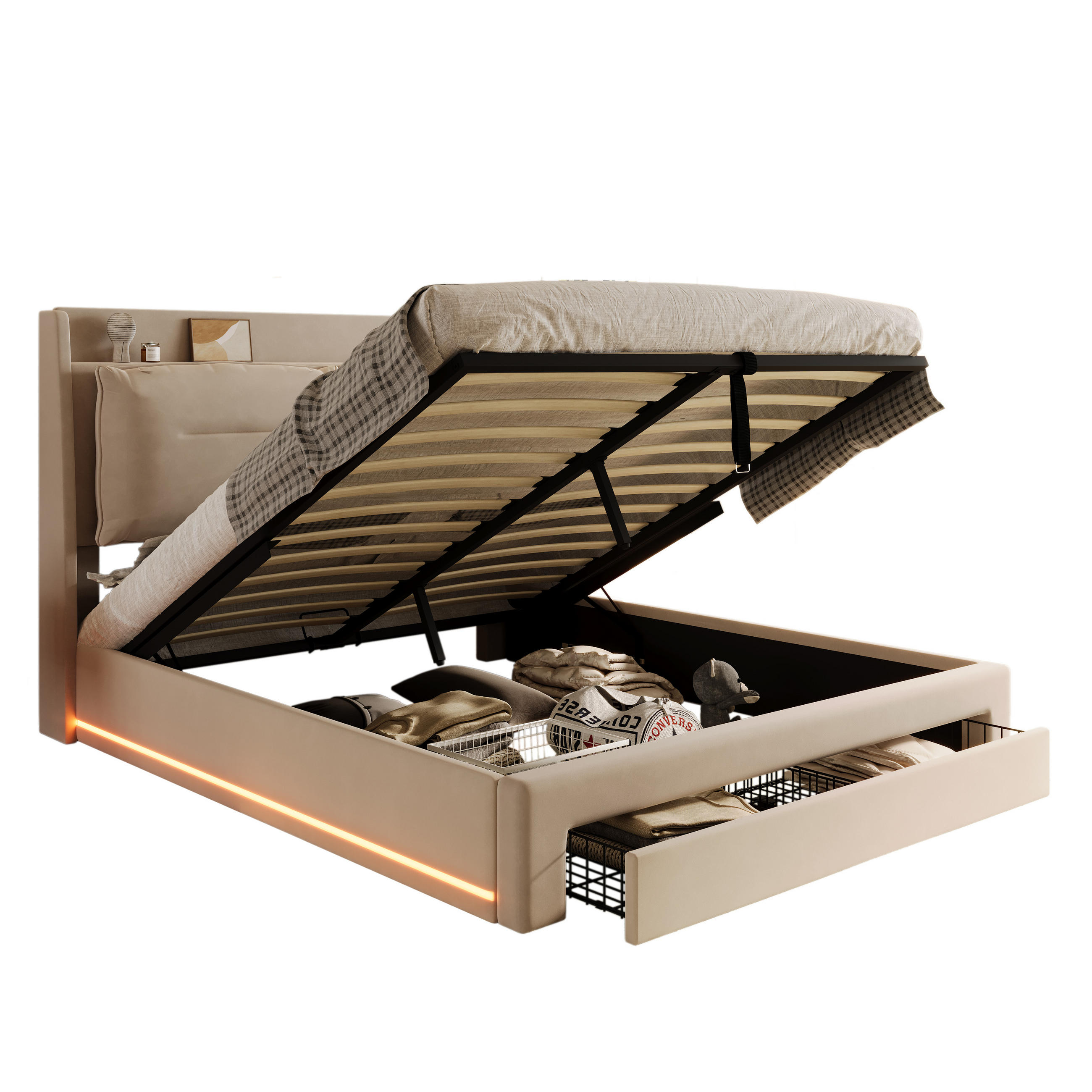 POLSTERBETT 140/200 cm Beige mit hydraulischem Bettkasten und LED-Beleuchtung - Beige, Textil (140/200cm) - OKWISH