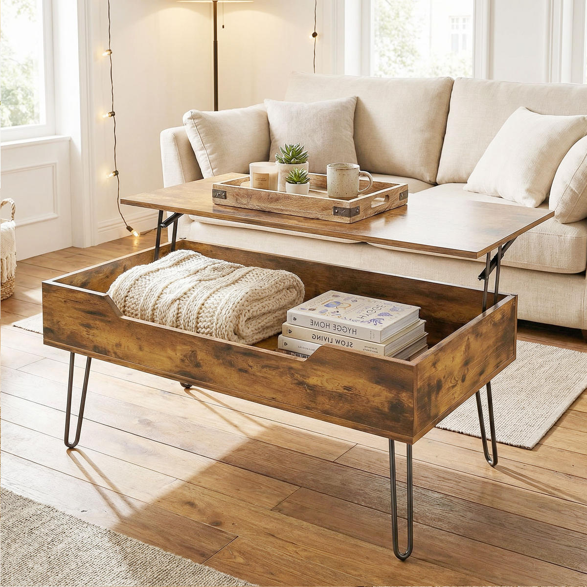 COUCHTISCH DE-15845 höhenverstellbare Platte Rustikales Braun - Braun, Holzwerkstoff (95/50/40cm) - ComfortXL