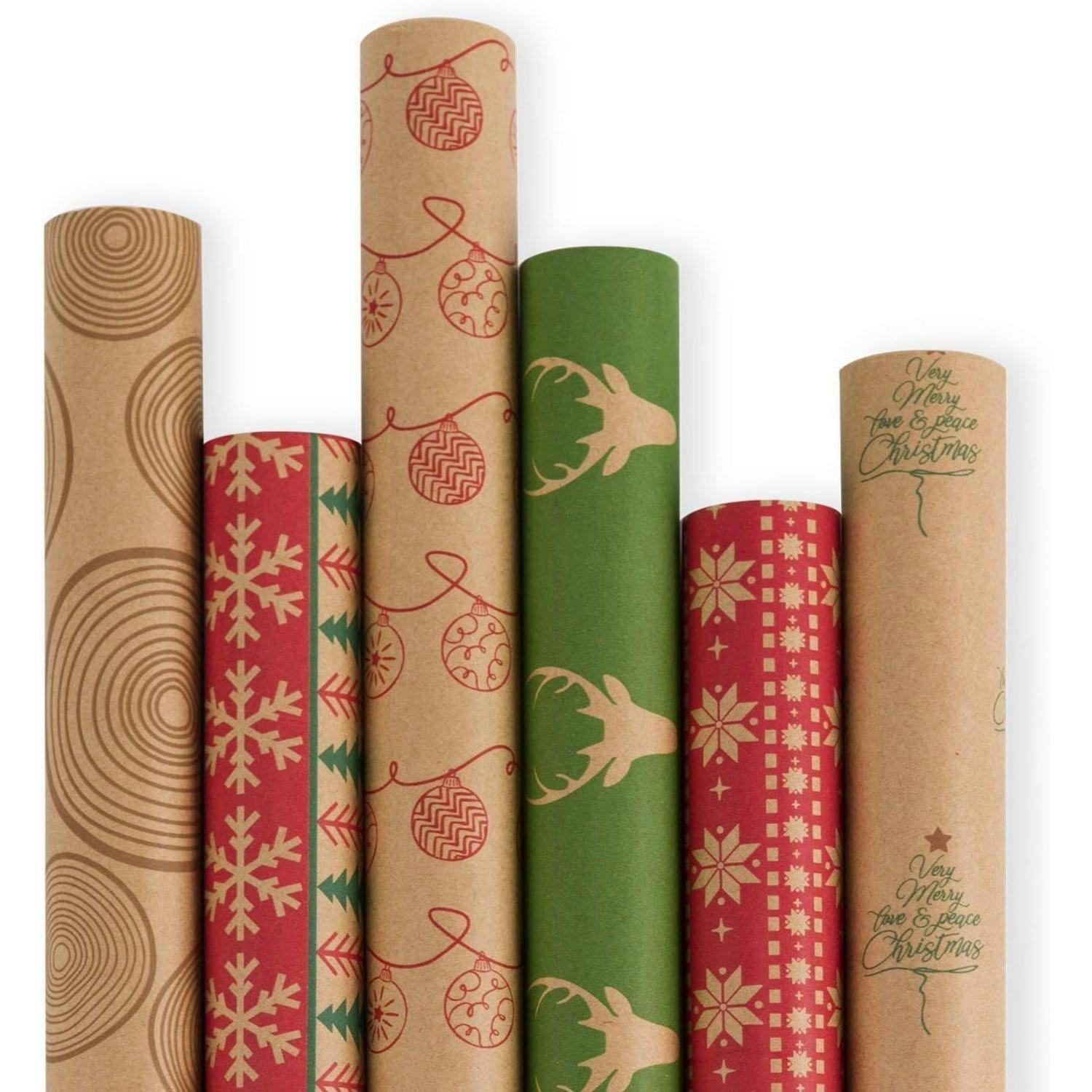 GESCHENKPAPIER 6 Rollen 76 x 305 cm Kraftpapier Weihnachtsmuster - Multicolor, Papier (20/4/76cm)