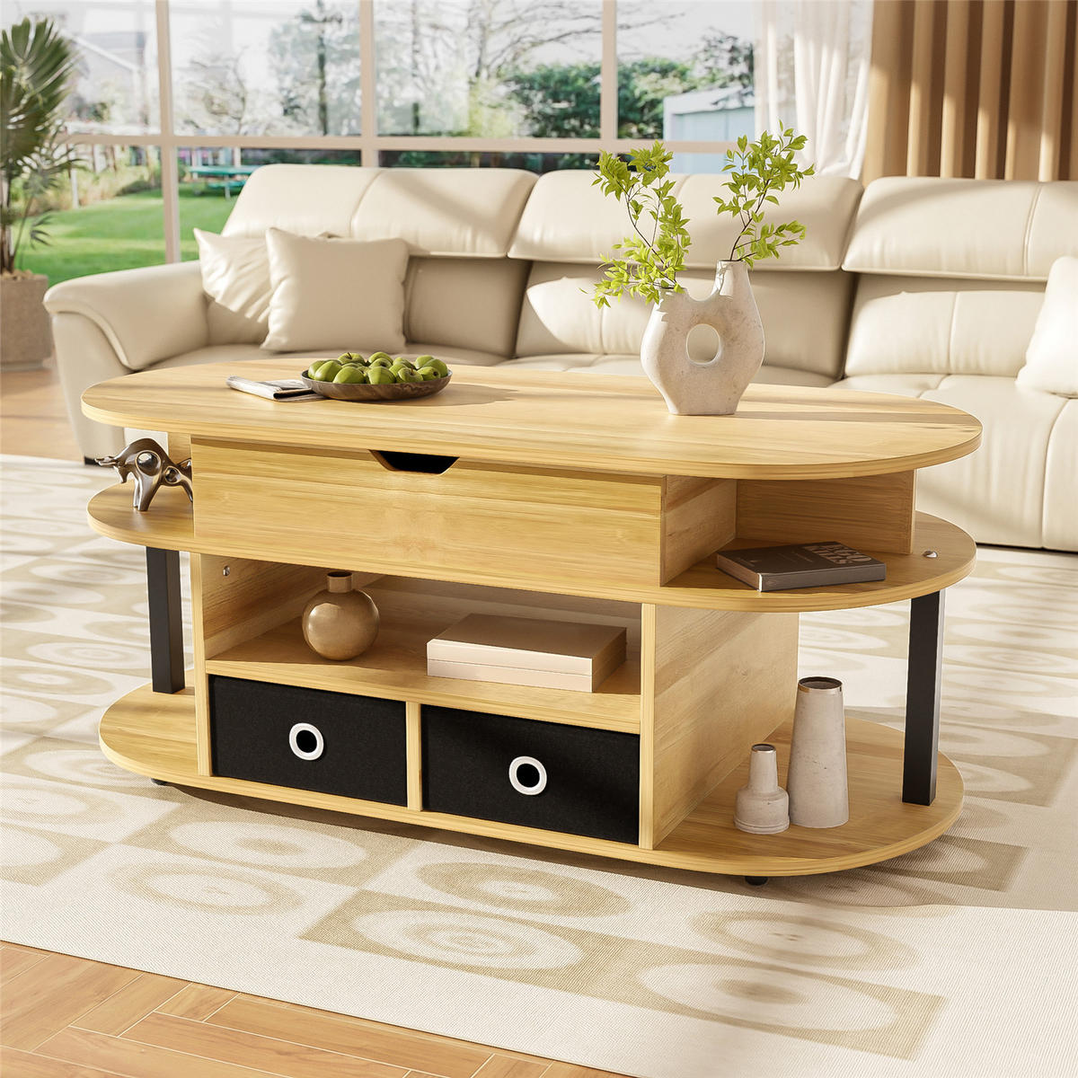 COUCHTISCH Lift-Top Holz Stoffschubladen Stauraum - Naturfarben, Holz (105/50/60cm) - Kaket