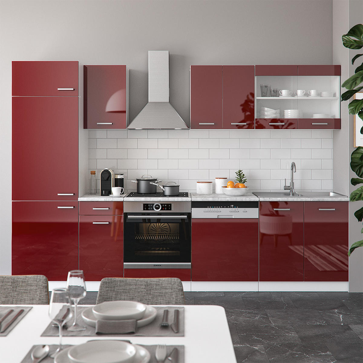 KÜCHENZEILE R-Line Rot Hochglanz/Weiß 300 cm , AP Eiche - Rot/Weiß, Holzwerkstoff (300/81.6/60cm) - Vicco