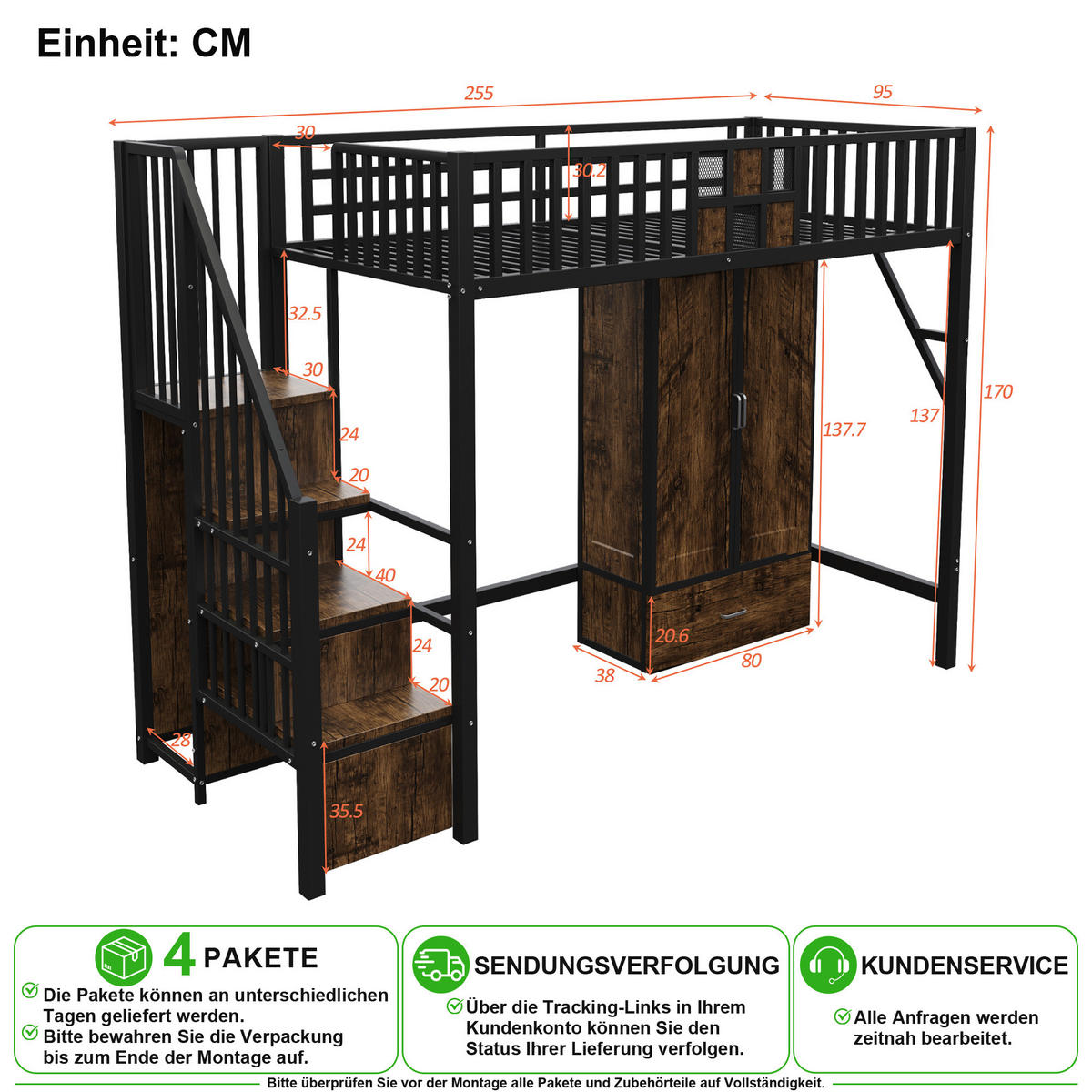 HOCHBETT 90/200 cm in Schwarz mit Kleiderschrank, Schublade und Aufbewahrungsleiter - Schwarz, Holzwerkstoff/Metall (90/200cm) - CHICFURN