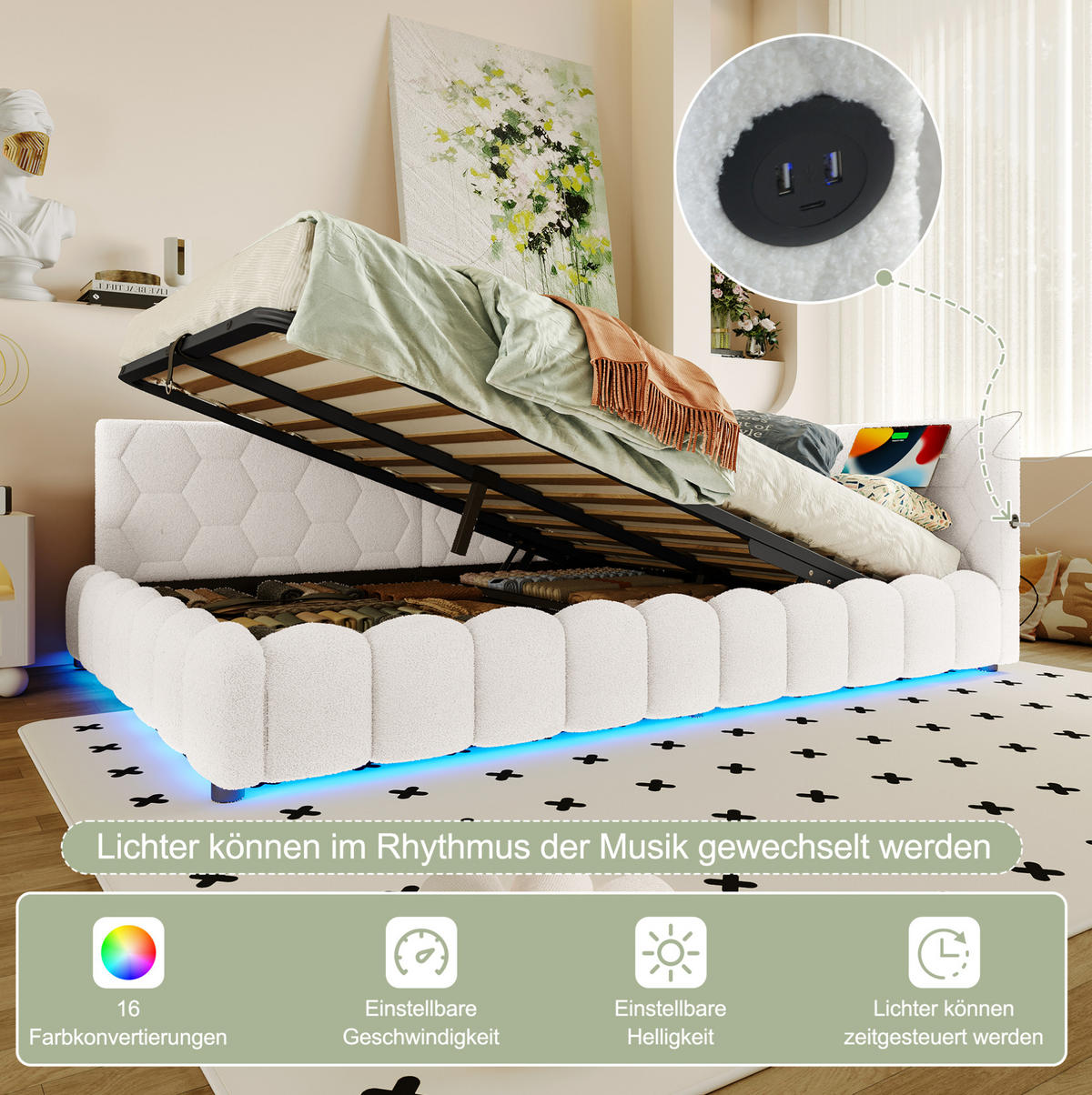 TAGESBETT 140/200 cm mit LED-Lichtleiste, USB, Typ-C und hydraulischem Bettkasten, Weiß - Weiß, Textil (140/200cm) - Redom