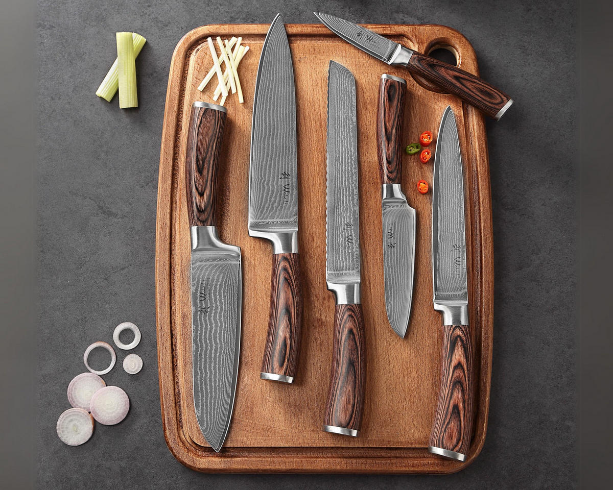 DAMASTMESSER Set 6 tlg. I EDIB - Braun, Holz/Metall - Wakoli