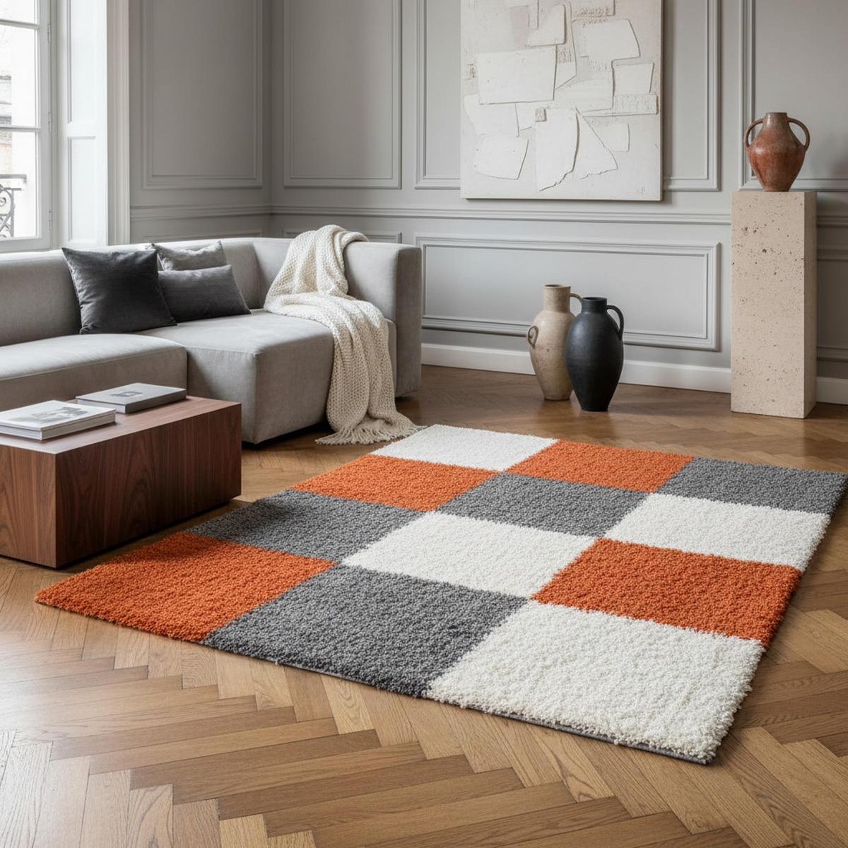 TEPPICH Hochflor Karo Polypropylen Wohnzimmer Shaggy Terrakotta Rechteckig 200x290 - Orange, Textil (200/290cm) - KADIMA DESIGN