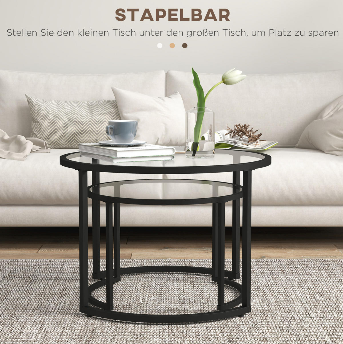 COUCHTISCH Ø70/54 cm schwarz aus Stahl und Hartglas stapelbar - Schwarz, Metall (70/70/47.5cm) - OKMYHOME