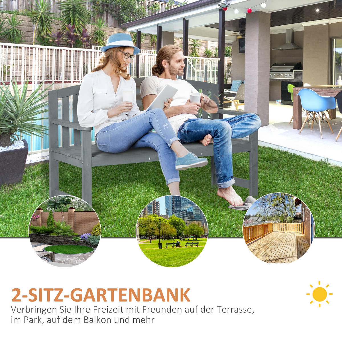 GARTENBANK 2-Sitzer Grau 143/51/85 cm - Grau, Holz (51/85/143cm) - Outsunny