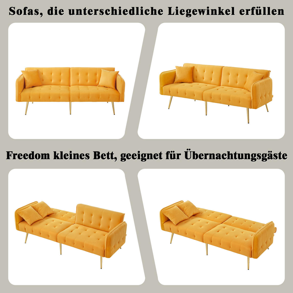 SOFABETT Samt mit verstellbarer Rückenlehne und Armlehnen Gelb 178/82/70 cm - Gelb, Textil (82/70/178cm) - Redom