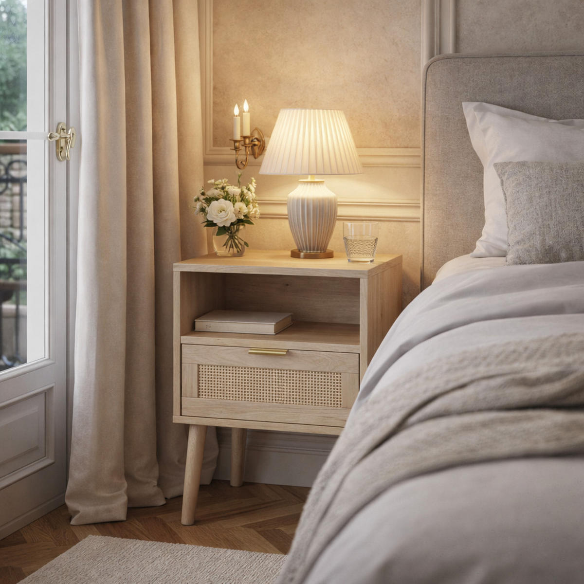 NACHTTISCH Eiche 45 cm – Boho Nachtkonsole mit Rattan & offenem Fach - Eichefarben, Holzwerkstoff (45/55/40cm) - Urban Meuble