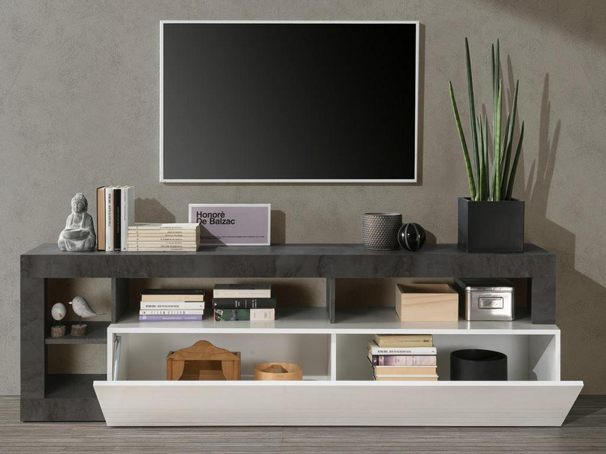 TV-MÖBEL mit 1 Tür & 4 Ablagen - Weiß lackiert & Beton-Optik - SEFRO - Grau, Holz (42/58/184cm) - Vente-Unique
