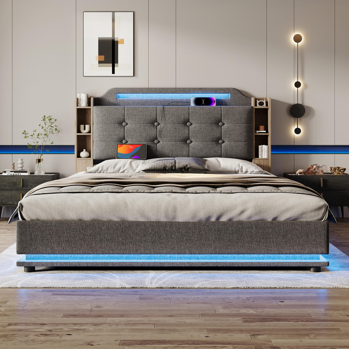 POLSTERBETT 140x200cm Grau Leinen LED-Licht Hydraulik USB-C - Grau, Holz (140/200cm) - FLIEKS