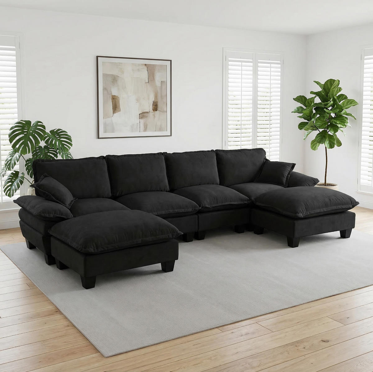 SOFA aus Chenille 334x155x90 cm in Schwarz mit Ottomanen-Modul - Schwarz, Textil (155/90/334cm) - Modfu