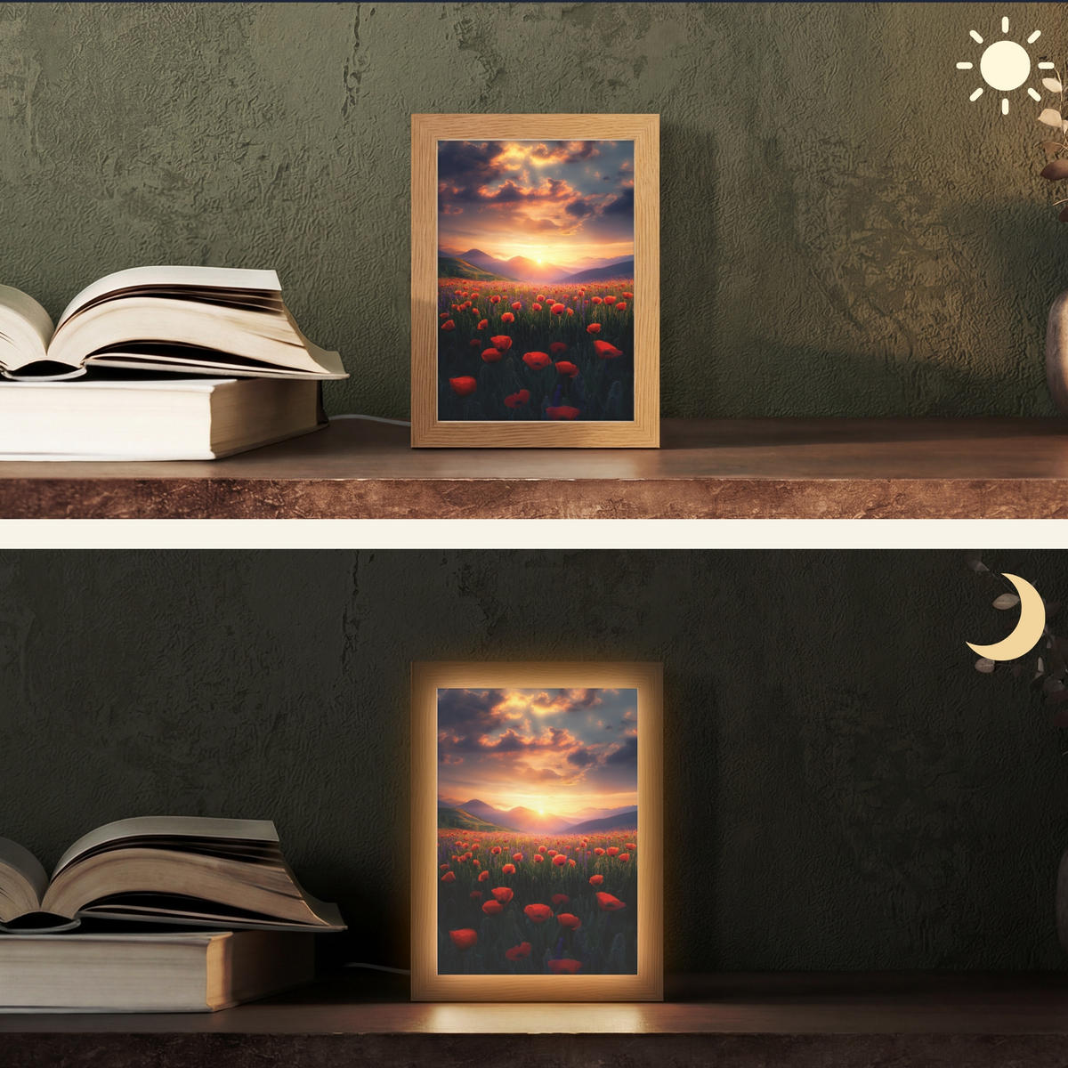TISCHLEUCHTE Landschaft - Sonnenuntergang - Blumenfeld 15x20 cm - Dunkelblau, Holzwerkstoff (8/15/20cm) - OnlyWow