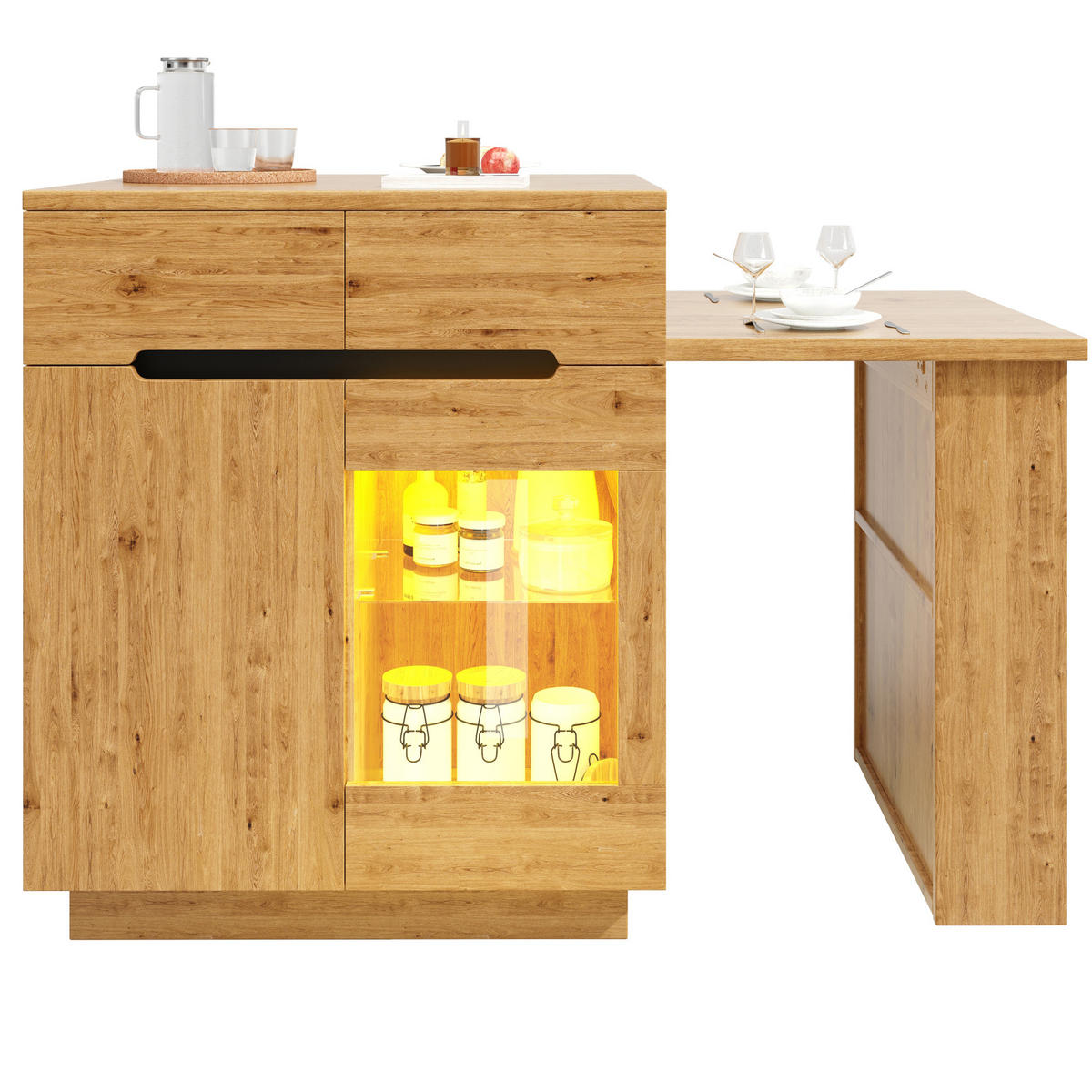 KÜCHENINSEL 122-195/70/93,5 cm mit ausziehbarem Tisch, LED-Beleuchtung und viel Stauraum, Holzfarben - Braun, Holzwerkstoff (122/93.5/70cm) - Redom
