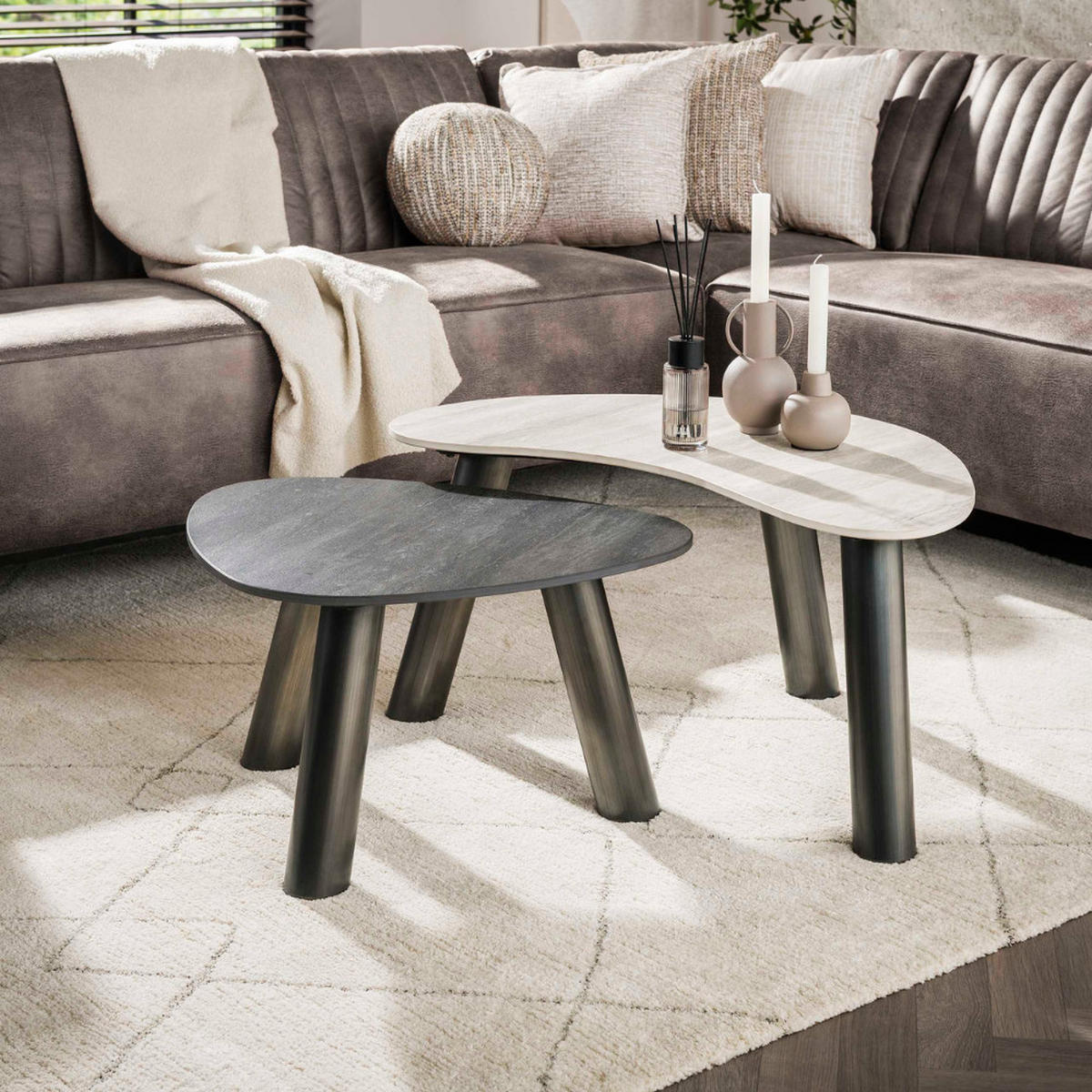 COUCHTISCH-SET TWIN BICOLORE Organische Satztische in 3D-Keramik - Anthrazit/Beige, Keramik (75/88/41cm) - alesvelt