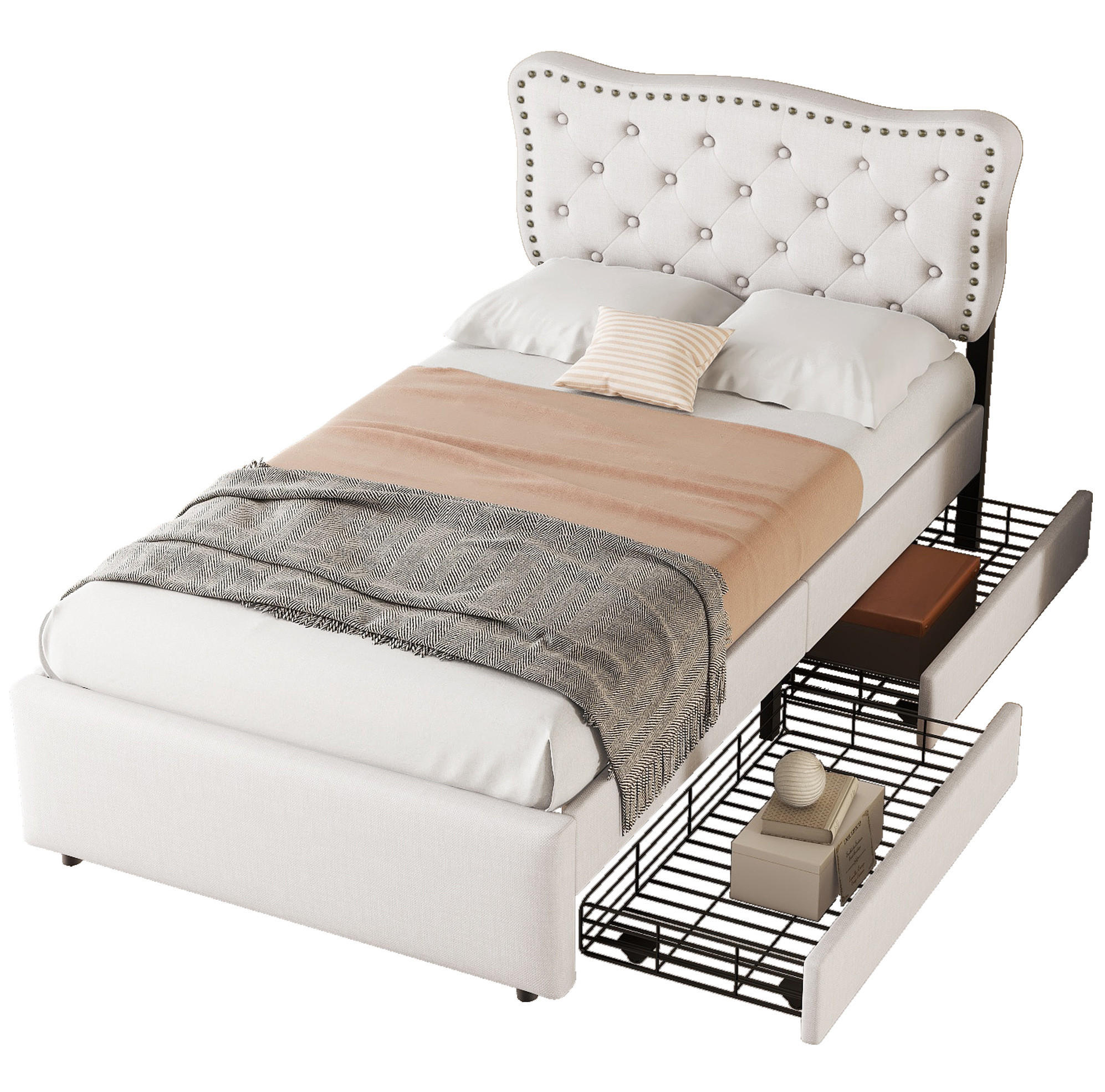 POLSTERBETT 90/200 cm hellbeige aus Leinen und MDF mit 2 Schubladen - Beige, Textil (90/200cm) - OKMYHOME