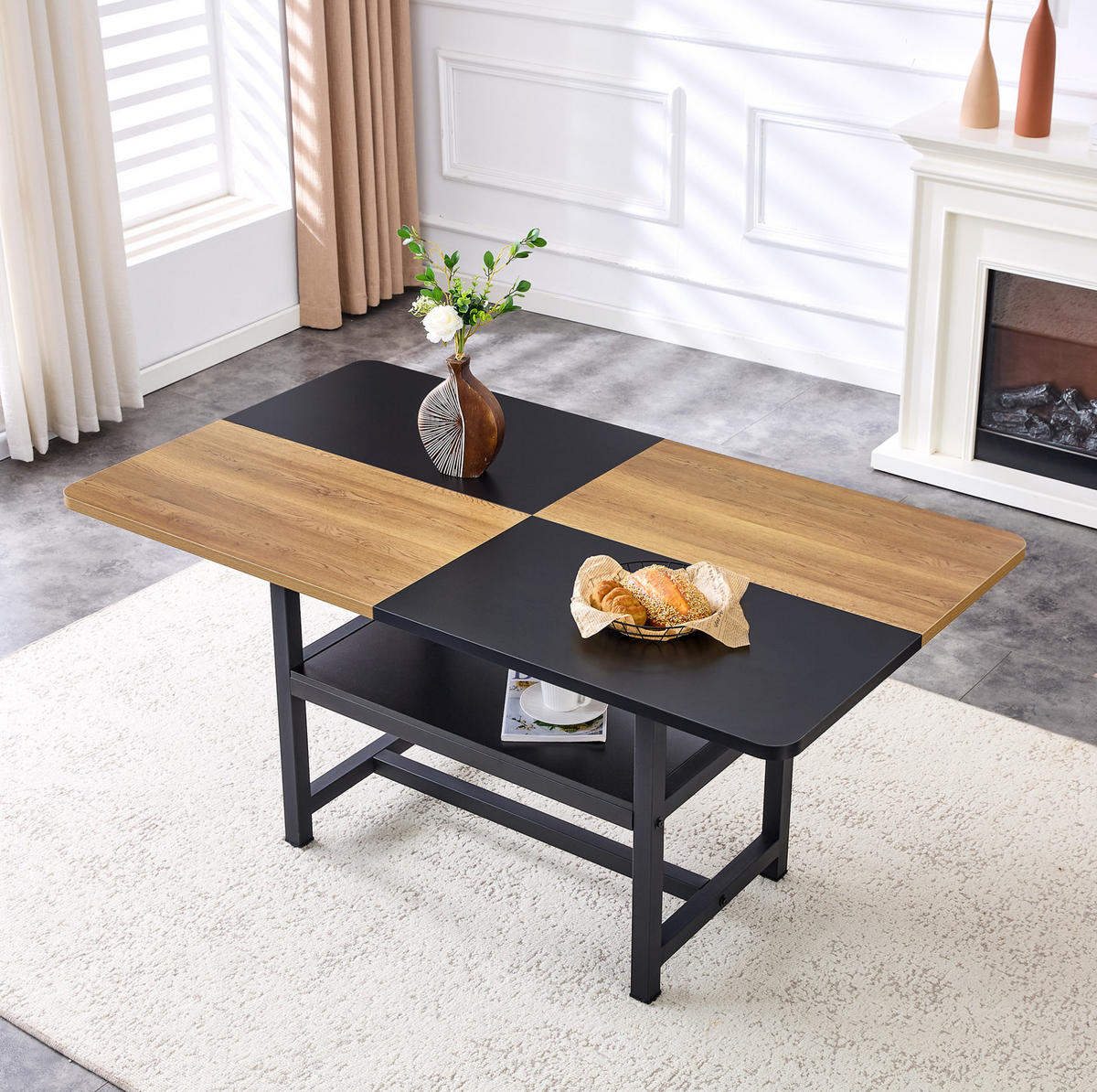 ESSTISCH 160/90/76 cm mit Ablagefach und kratzfester Tischplatte aus MDF und Metall, Schwarz/Holzfarben - Schwarz, Holzwerkstoff (160/90/76cm) - Redom