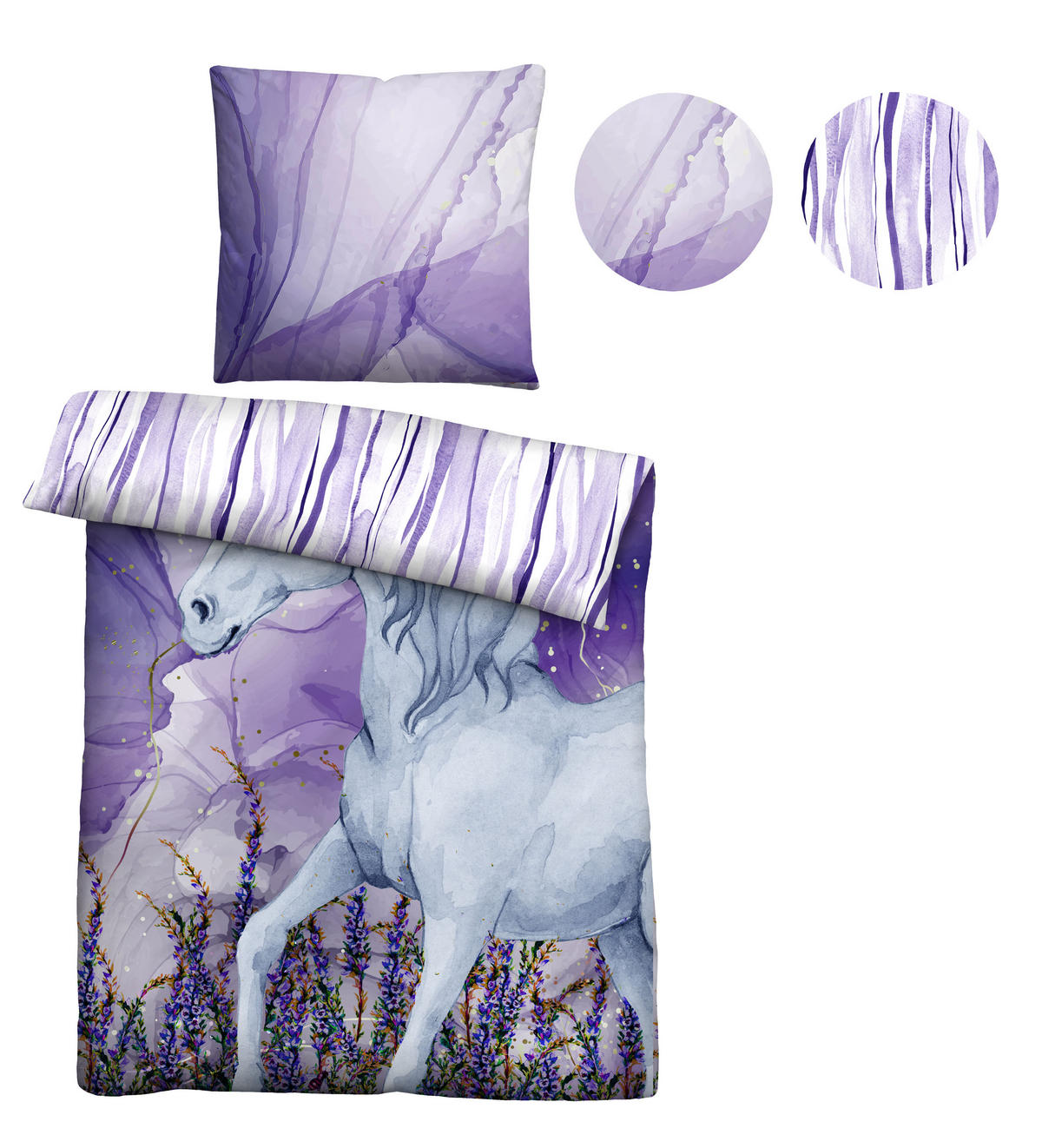 BETTWÄSCHE-GARNITUR Renforcé Einhorn violett, 135x200 cm + 80x80 cm - Violett, Textil (135/200cm) - Castell