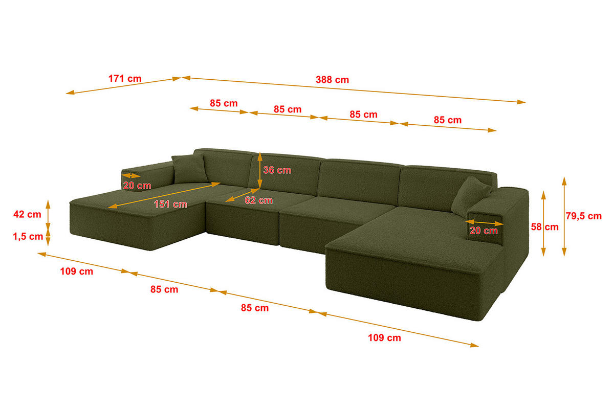 WOHNLANDSCHAFT IREA-U2-v4 - 388x171x79 cm Grün - Platinfarben, Holzwerkstoff/Textil (388/79/171cm) - ALTDECOR