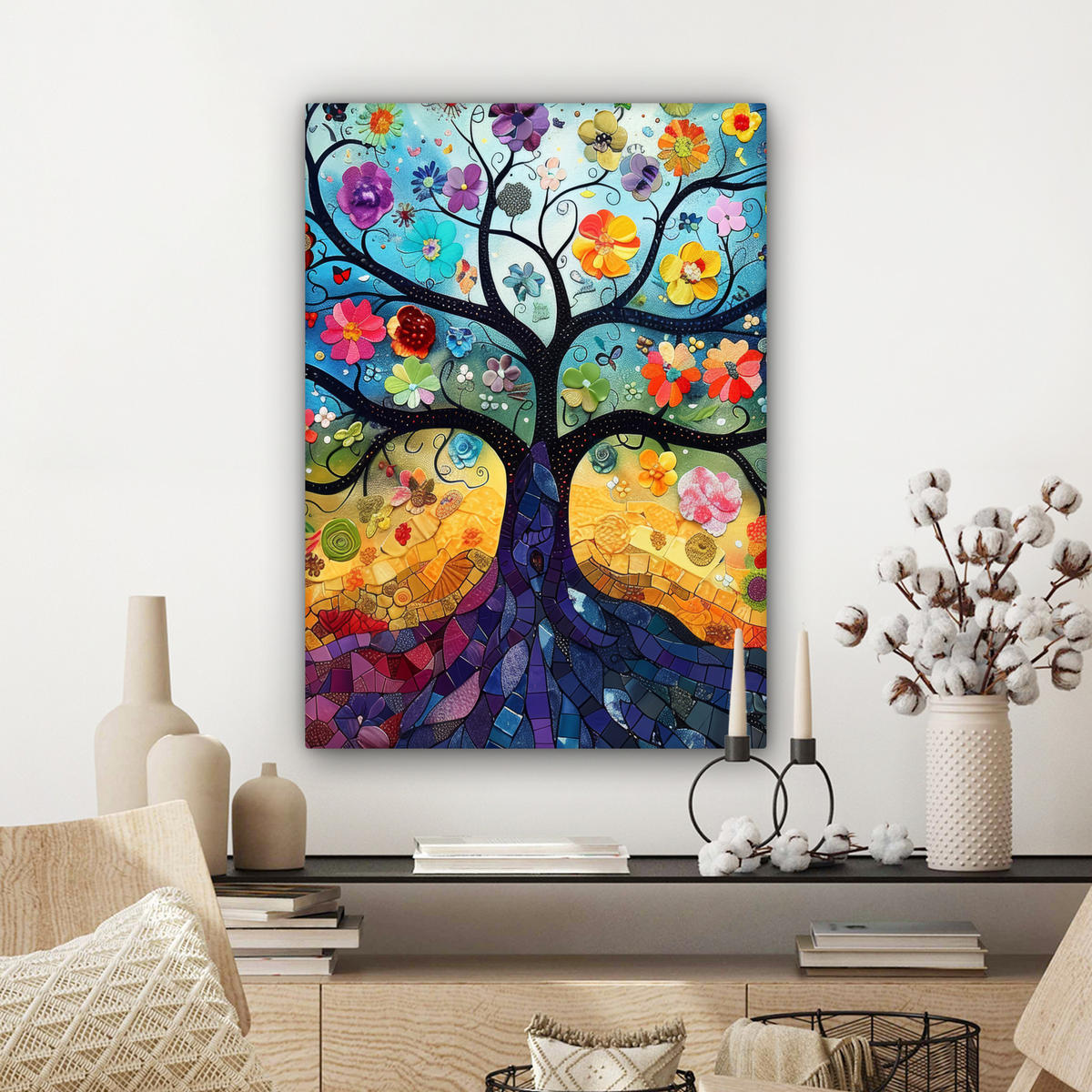 LEINWANDBILD Kunst - Baum des Lebens - Blumen - Hippie Wandbild Wohnzimmer 60x80 cm - Dunkelblau, Textil (60/80cm) - MuchoWow