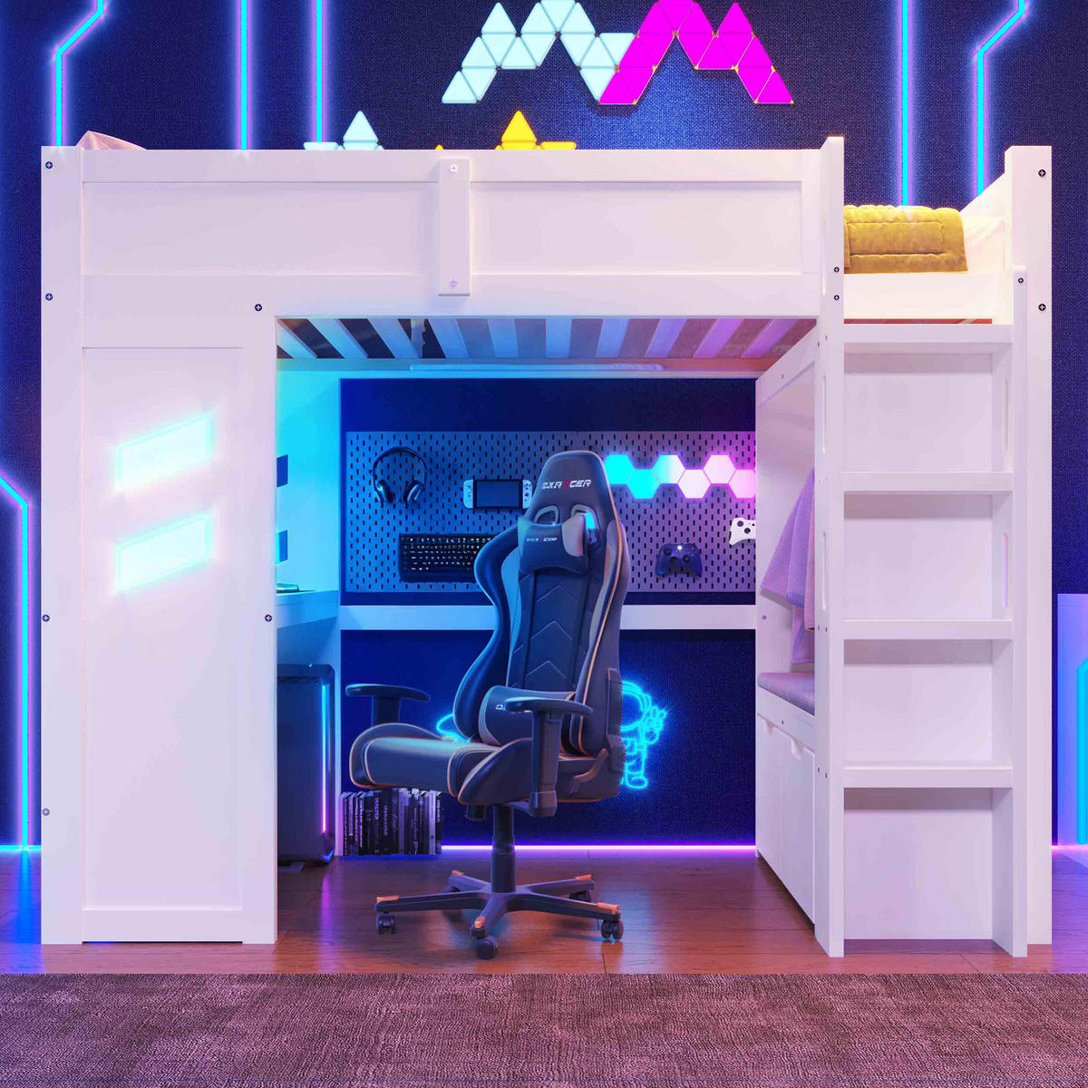 HOCHBETT 90x200cm Weiß Gaming Schreibtisch LED-Licht USB-C - Weiß, Holz (90/200cm) - FLIEKS