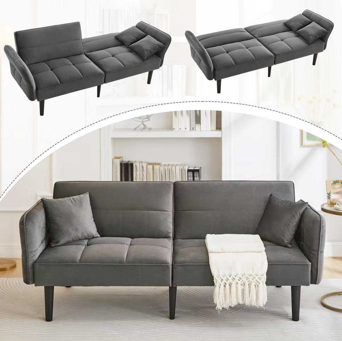 SCHLAFSOFA aus Samt Antikgrau mit verstellbaren Rückenlehnen, klappbaren Armlehnen und Schlaffunktion - Alteiche, Kunststoff (176/76/78cm) - Modfu
