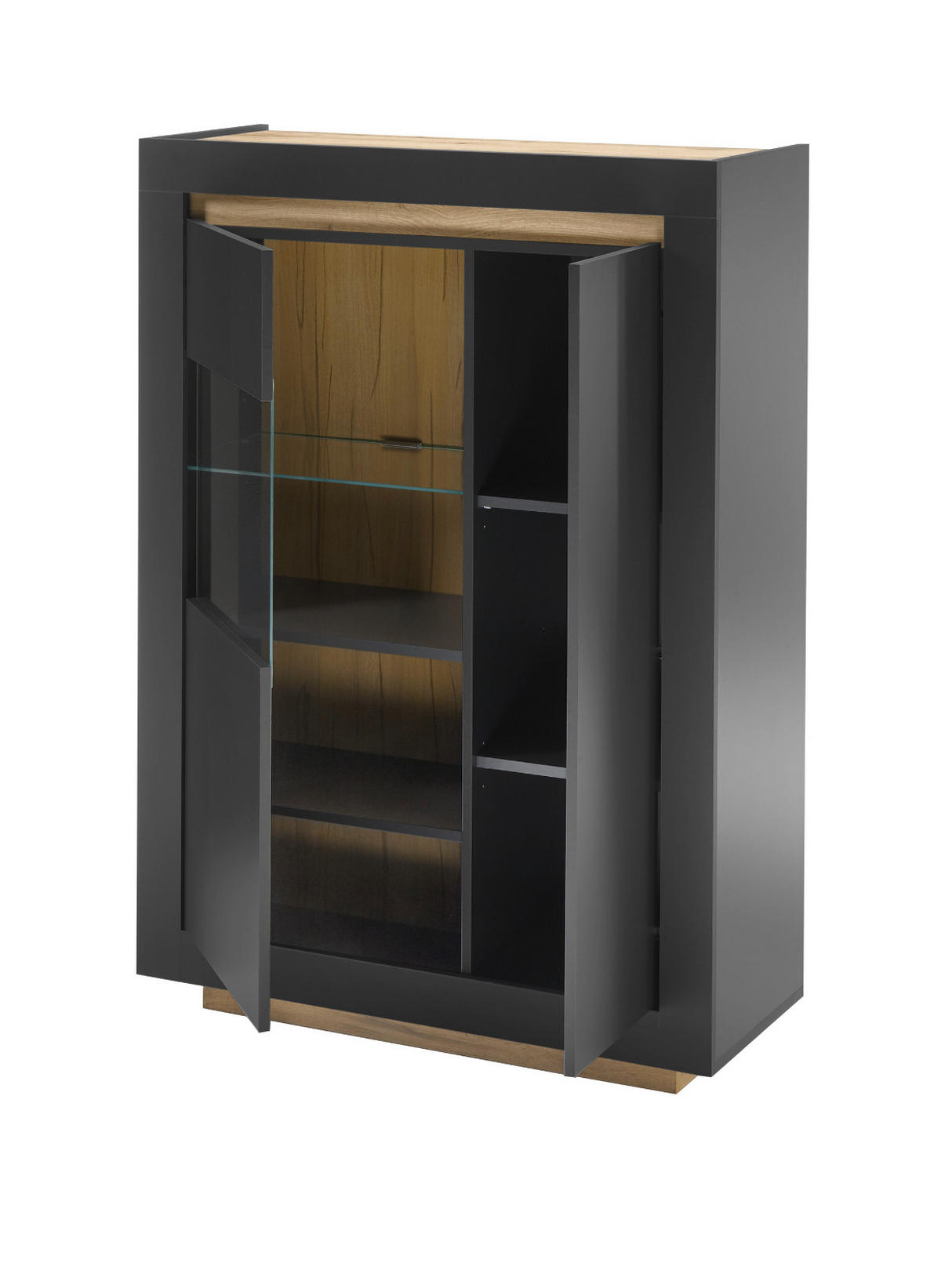VITRINE anthrazit, Wotan Eiche, Highboard mit 7 Fächern - Eichefarben/Anthrazit, Glas/Holzwerkstoff (96/136/38cm) - Furn.Design