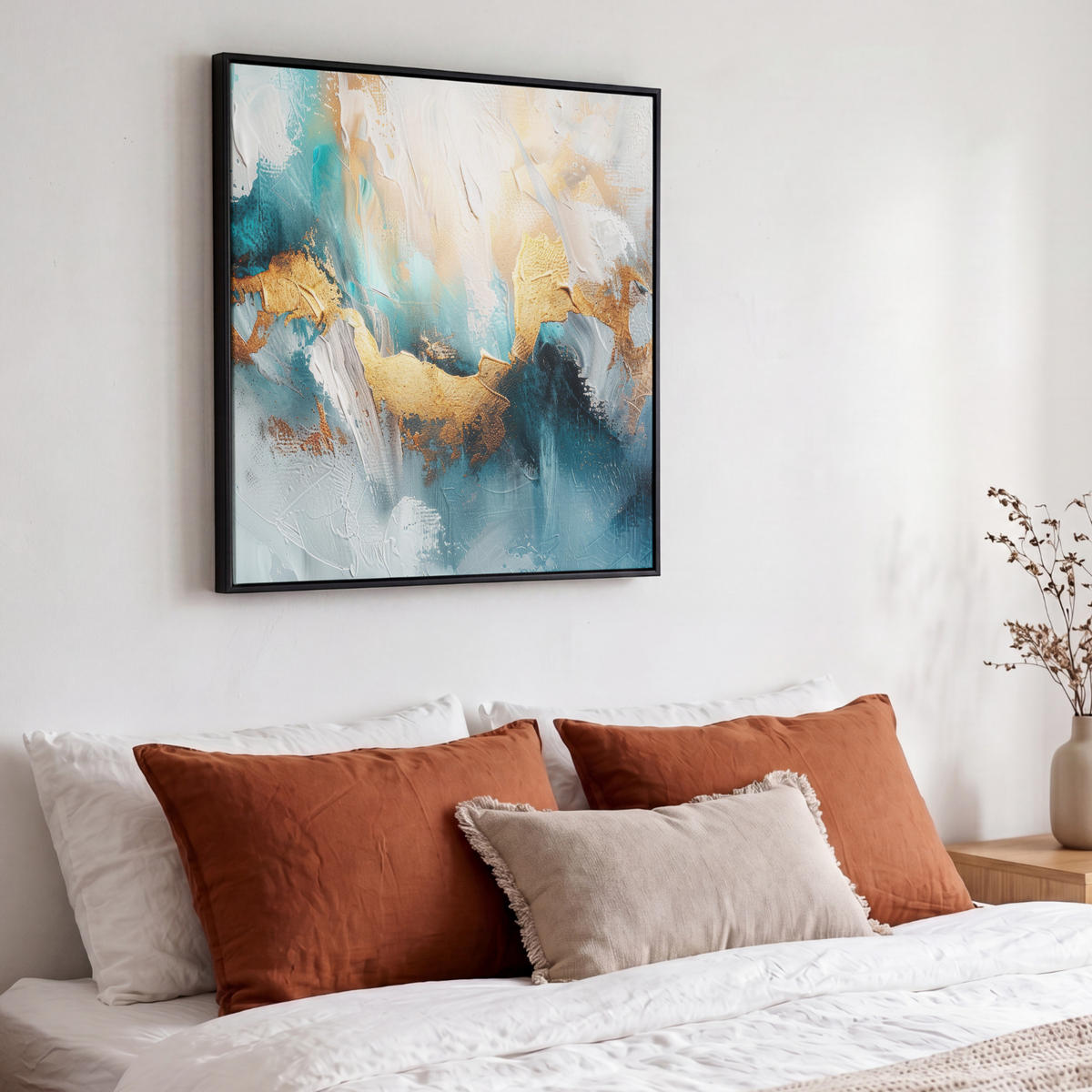 LEINWAND Bilder mit Rahmen - Abstrakt - Kunst - Gold - Blau - 50x50 - Petrol, Textil (50/50cm) - MuchoWow