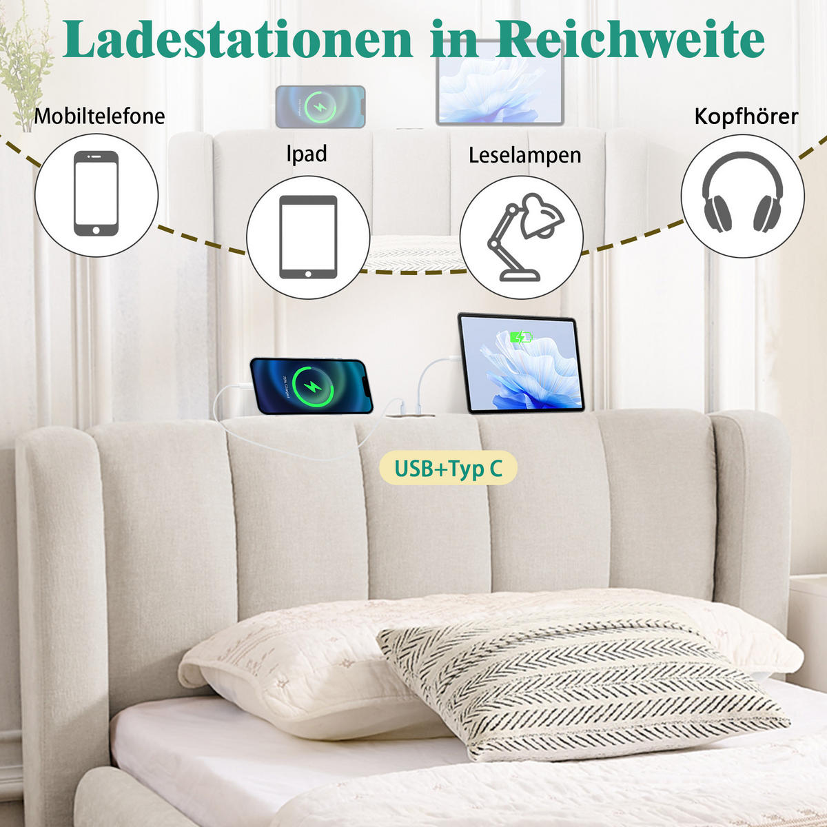 EINZELBETT 90x200 cm USB Stauraum beige - Beige, Textil (90/200cm) - LEBENLANG