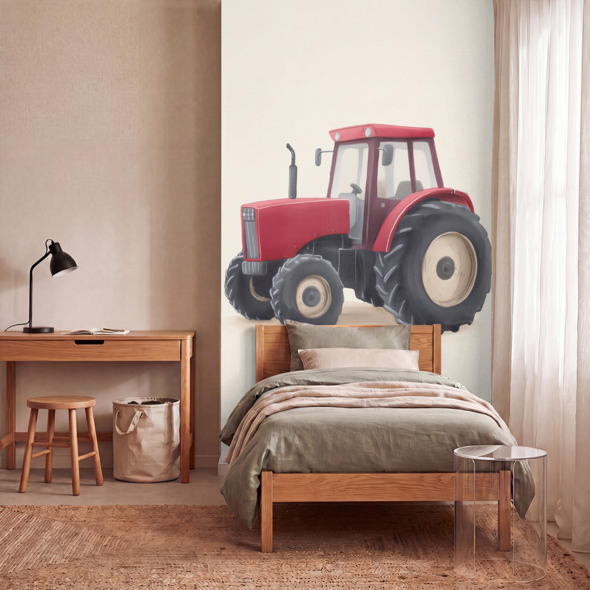 KINDERTAPETE - Traktor - Minimalistisch - Illustration - Rot - 120x200 cm - Rot, Papier (120/200cm) - OnlyWow