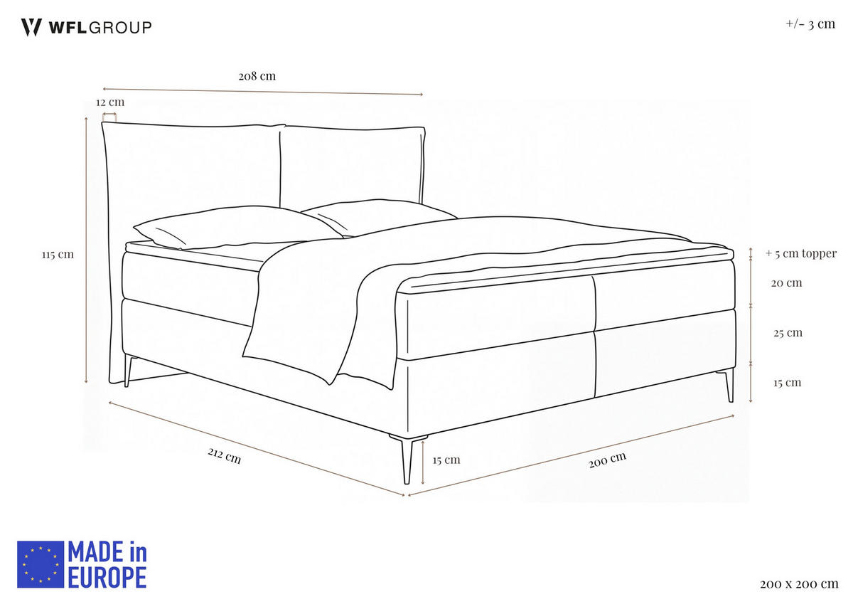 BOXBETT Calio Rise mit Bettkasten, Creme Chenille 200x200 cm – inkl. H4 Taschenfederkern Matratze & Foam Topper - Creme/Schwarz, Holz/Holzwerkstoff (200/200cm) - WFL GROUP